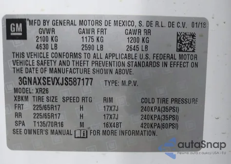 2018 Chevrolet Equinox Lt из США, поврежденный, VIN 3GNAXSEVXJS587177